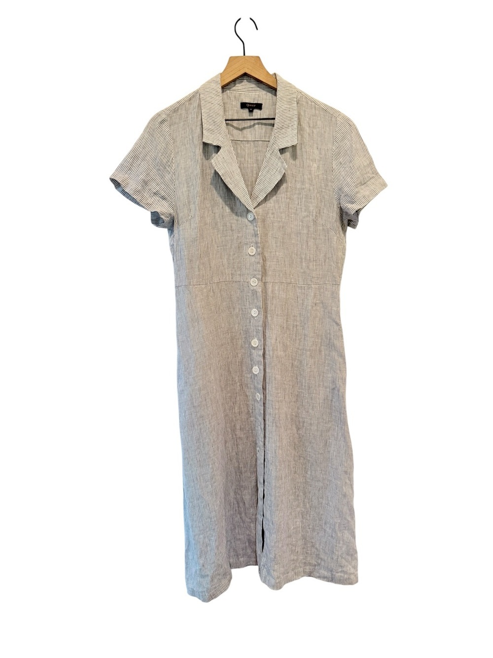 Quince 100% European Linen Button Front Midi Dress Blue Pinstripe Shirtdress M
